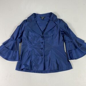 Doncaster Collection Blouse Womens M Blue Silk Taffeta Collared Bell Sleeve